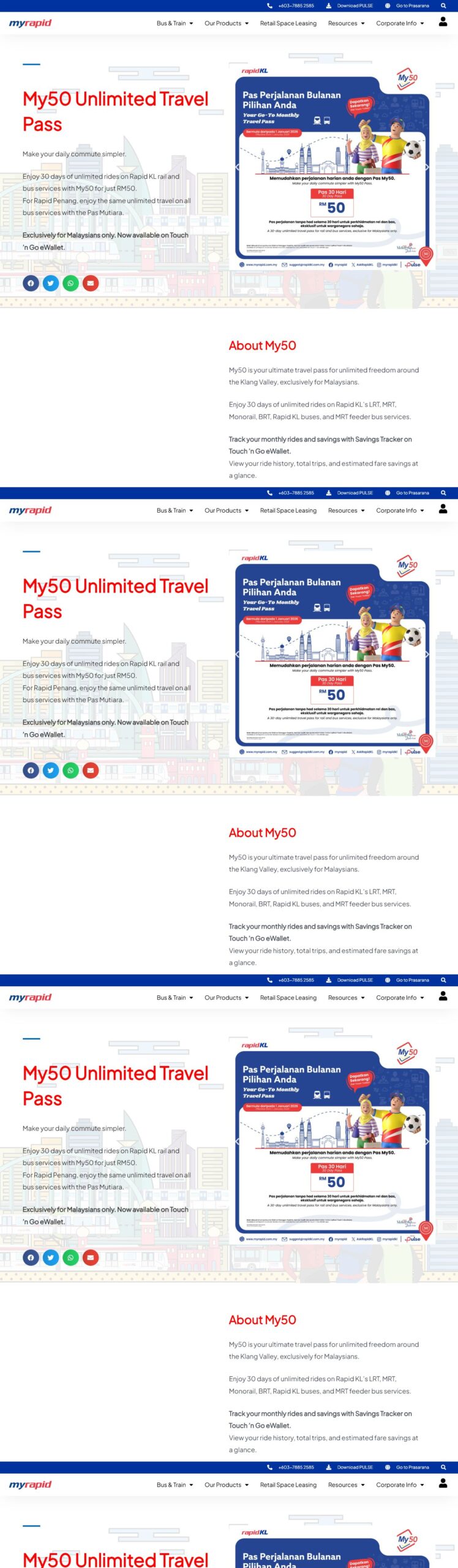 Rapid KL My50 官方页面截图，显示 RM50、连续 30 天与指定 Rapid KL 服务说明。