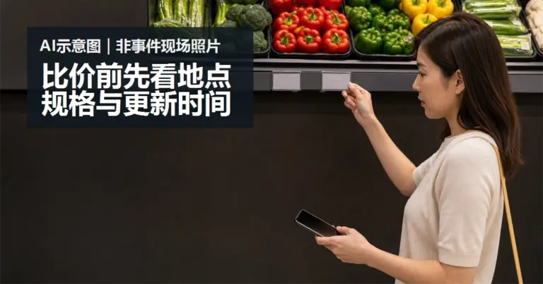 超市货架前比价的 AI 情境示意图，非事件现场照片。