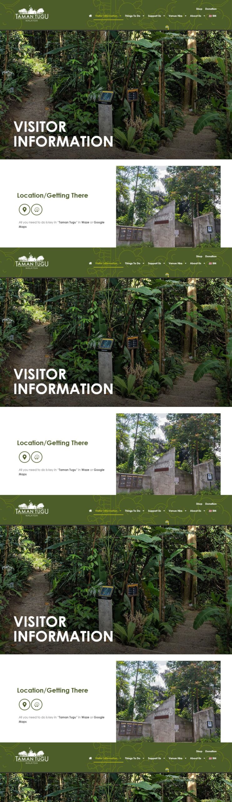 Taman Tugu Visitor Information 官方页面截图,显示开放时间、最后入园与安全提示。