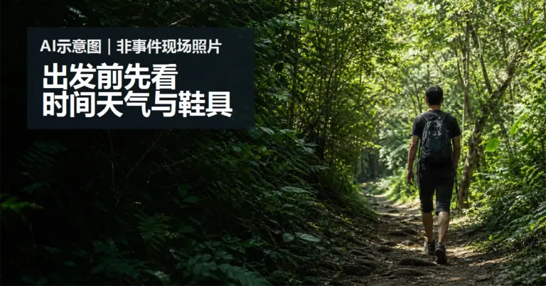 城市森林轻装步行的 AI 情境示意图，非事件现场照片。