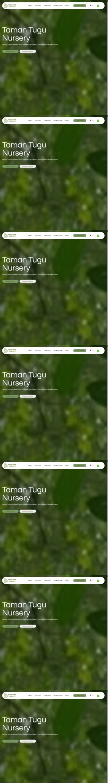 Free Tree Society Taman Tugu Nursery 官方页面截图，显示志工工作与预约说明。