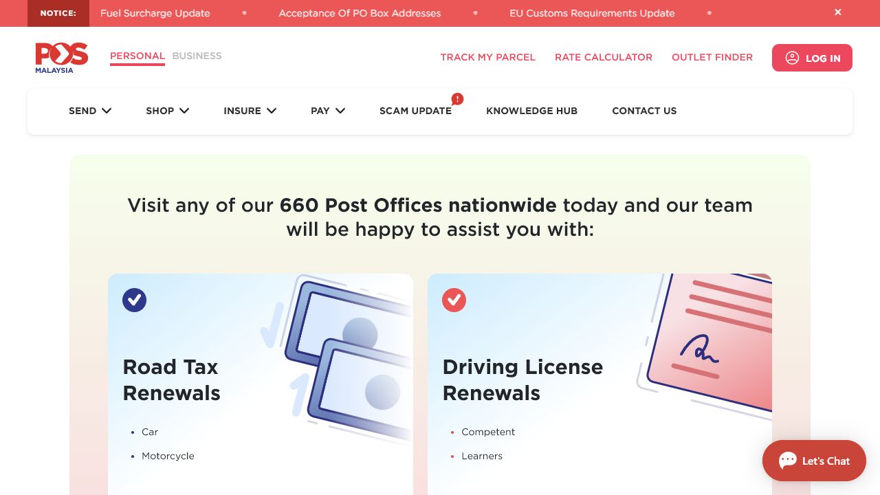 Pos Malaysia JPJ 页面显示 660 间邮局、路税及 Competent 与 Learners 驾照续期服务。