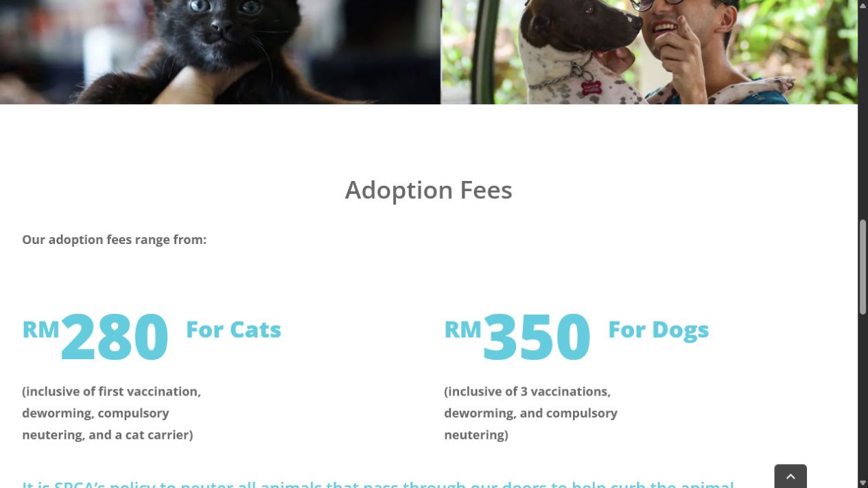 SPCA Selangor 领养页显示猫 RM280、狗 RM350 及各自包含的疫苗、驱虫和绝育项目。