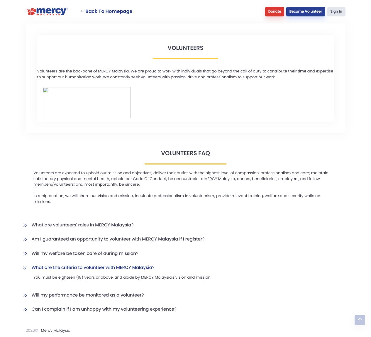 MERCY Malaysia 志工 FAQ 的年龄条件答案。