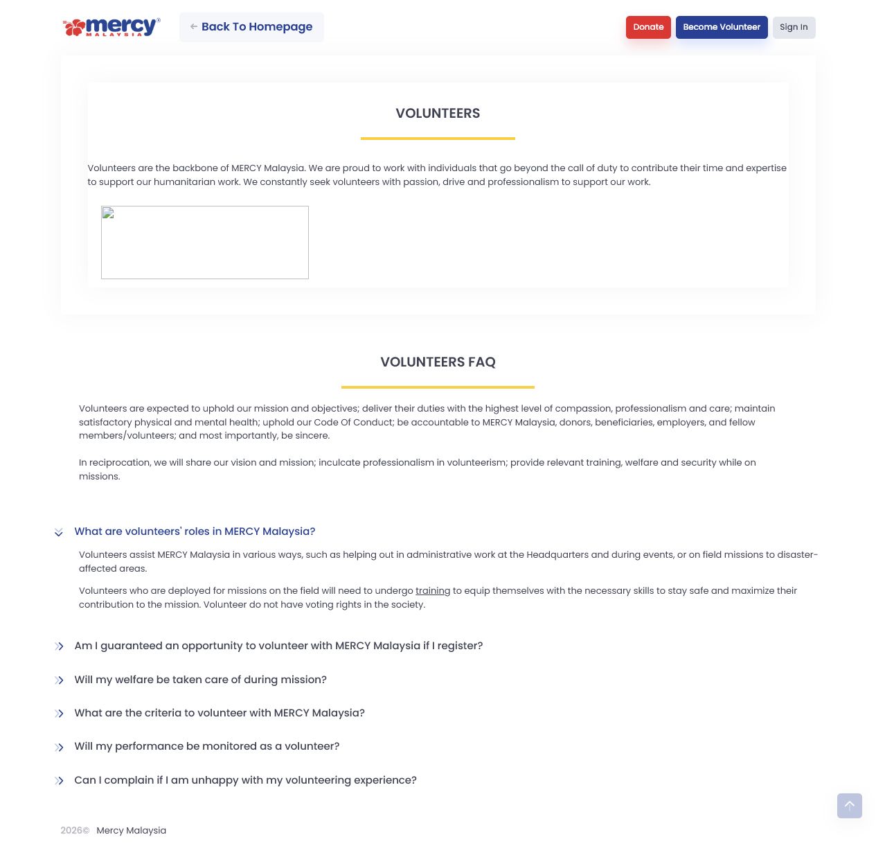 MERCY Malaysia 志工 FAQ 的行政、活动及现场任务角色答案。