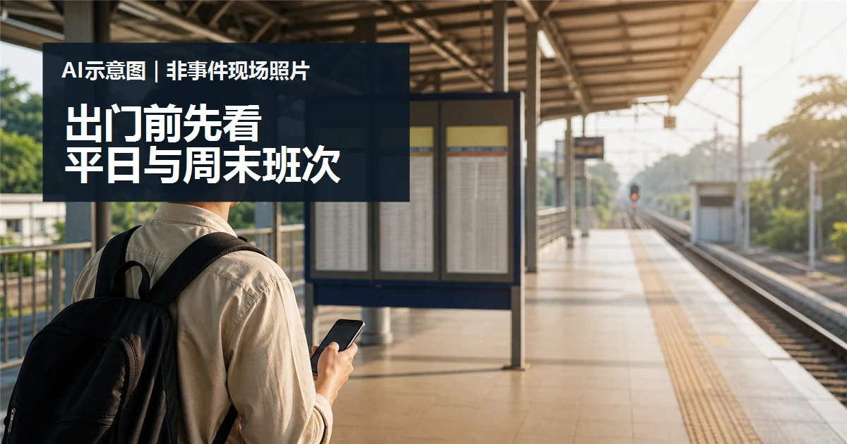 搭 KTM Komuter 前，怎样分清平日、周末与线路时刻表的 AI 情境示意图，非事件现场照片。