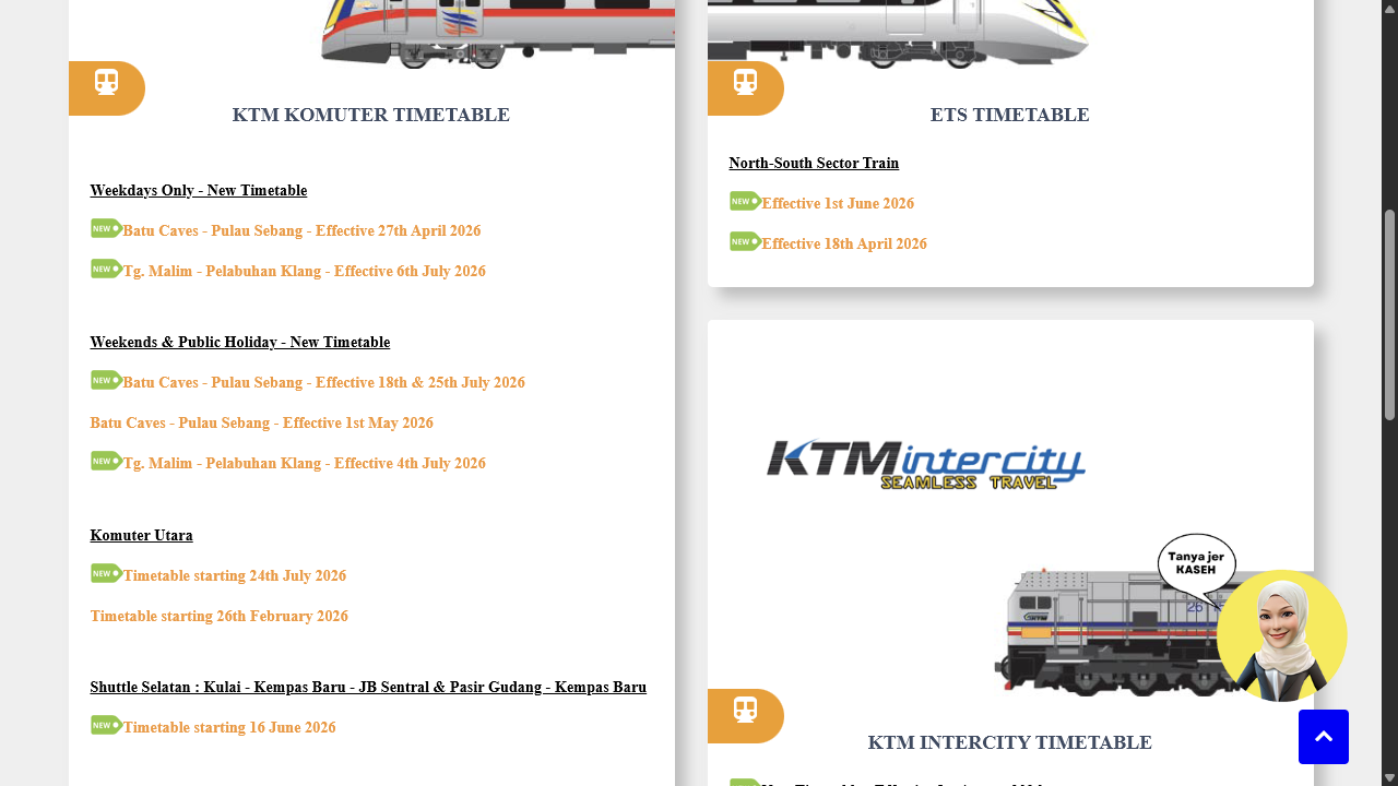 KTMB 时刻表页面截图，显示 KTM Komuter 平日与周末／公共假期入口及生效日期。