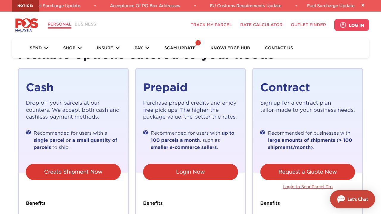Pos Malaysia 生产 Parcel 页面截图，清楚显示 Cash、Prepaid、Contract 的适用件量与定位。
