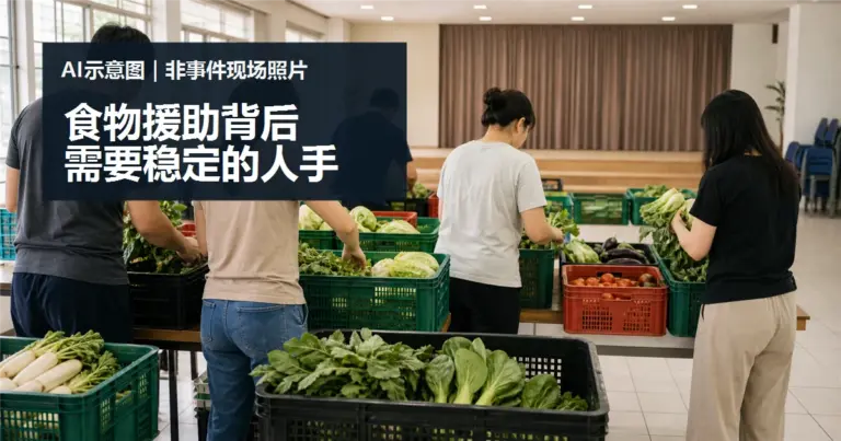 食物援助不只靠一日热心：志工岗位怎样接住被浪费的食物的 AI 情境示意图，非事件现场照片。