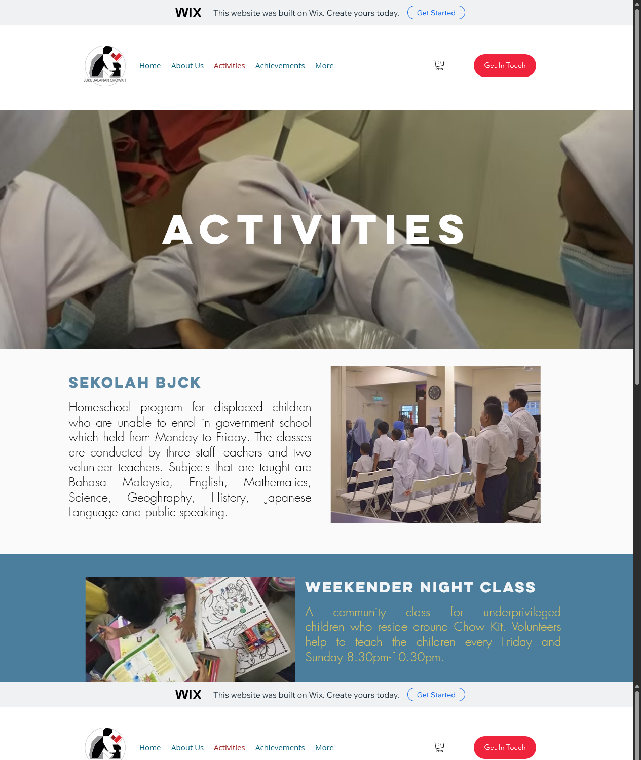 BJCK Activities 官方页面滚动截图，清楚显示 homeschool 课程内容与周末夜课时段。