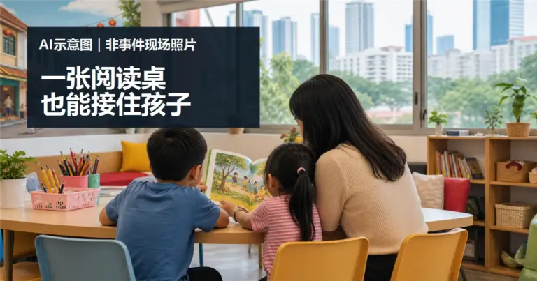 一张阅读桌怎样接住孩子：社区学习支持不只是捐一批文具的 AI 情境示意图，非事件现场照片。
