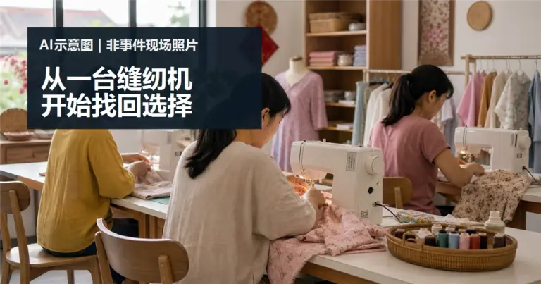 从一台缝纫机开始：技能课怎样让参与者多一个收入选择的 AI 情境示意图，非事件现场照片。