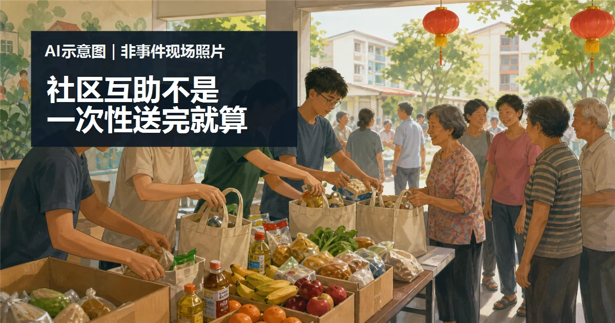 社区食物银行怎样做才不是「送完就散」：从物资到连接的三层工作的 AI 情境示意图，非事件现场照片。