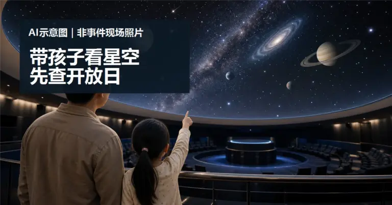 带孩子去国家天文馆前，先看开放日、地点与当天节目入口的 AI 情境示意图，非事件现场照片。