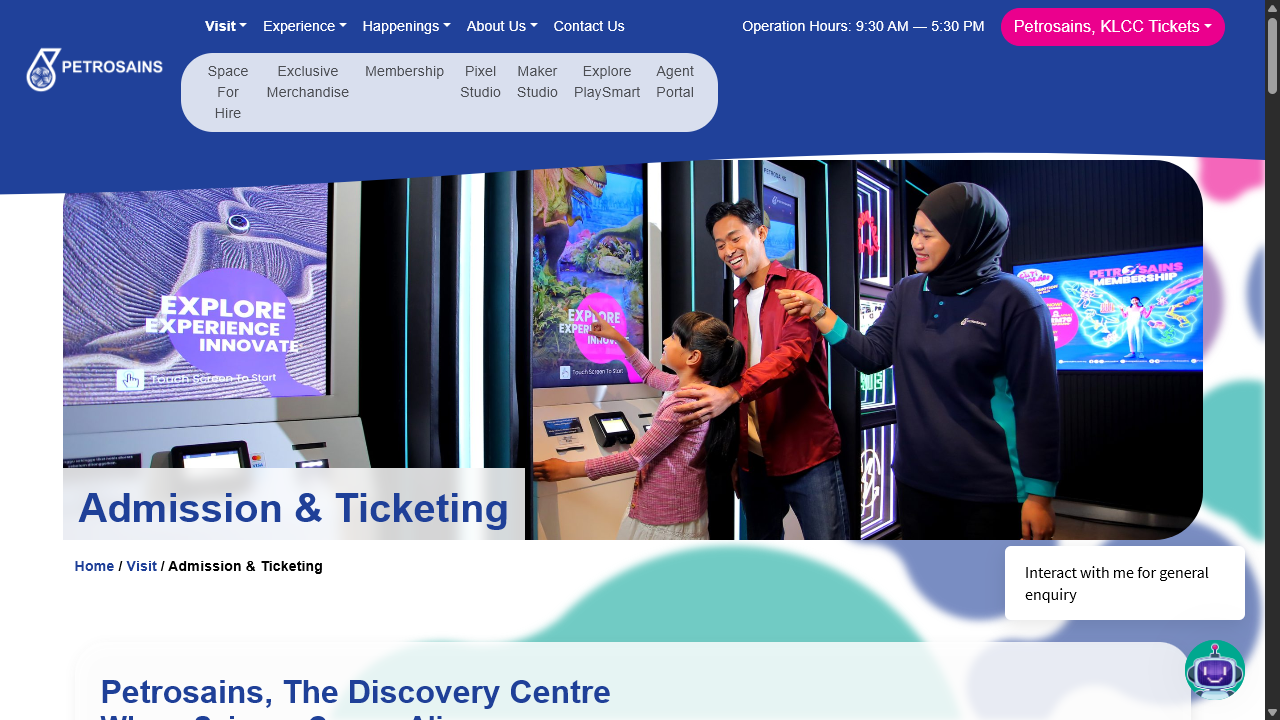 Petrosains Admission and Ticketing 官方页面截图，显示参观时段、最后入场及关闭日资讯。