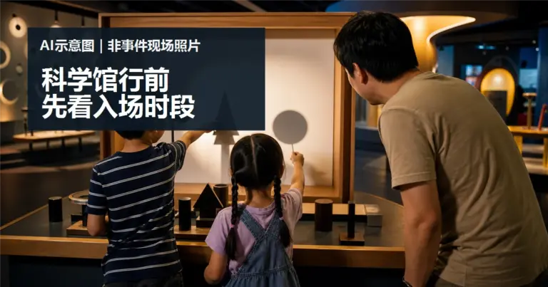 去 Petrosains 前先看入场时段：亲子科学馆不赶场行程法的 AI 情境示意图，非事件现场照片。