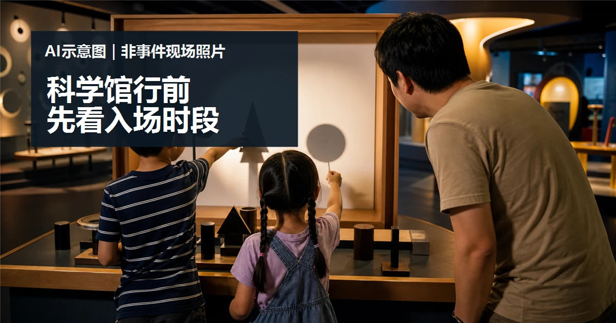 去 Petrosains 前先看入场时段：亲子科学馆不赶场行程法的 AI 情境示意图，非事件现场照片。