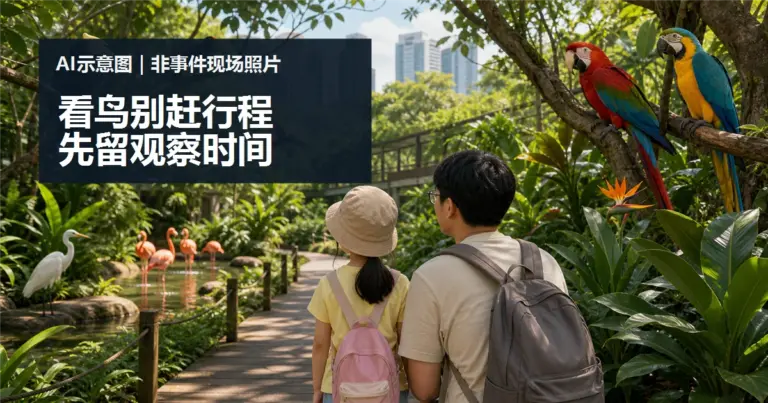 逛 KL Bird Park 别赶行程：亲子看鸟前的时间与规则准备的 AI 情境示意图，非事件现场照片。