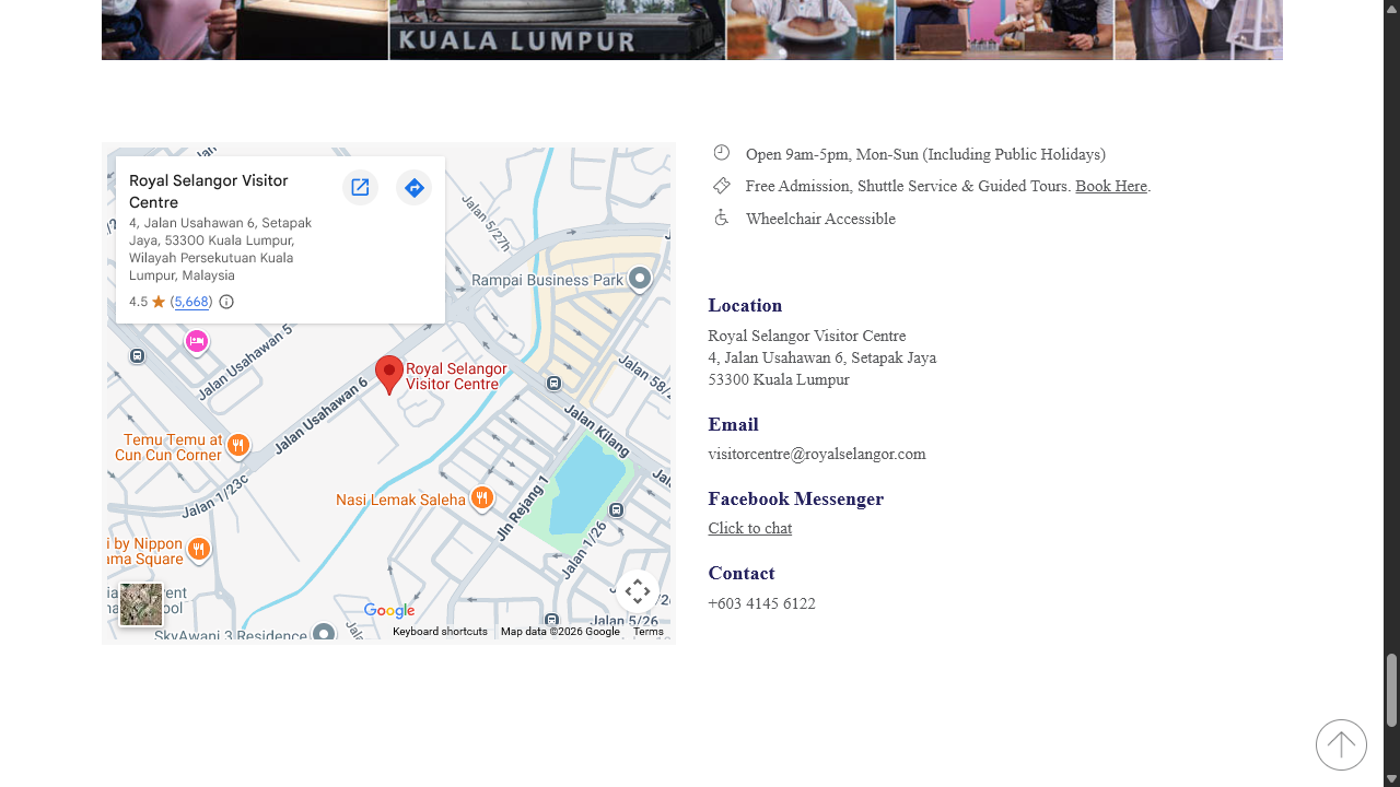 Royal Selangor Visitor Centre 官方页面截图，支持开放、免费入场、导览、接驳与无障碍公开资料。